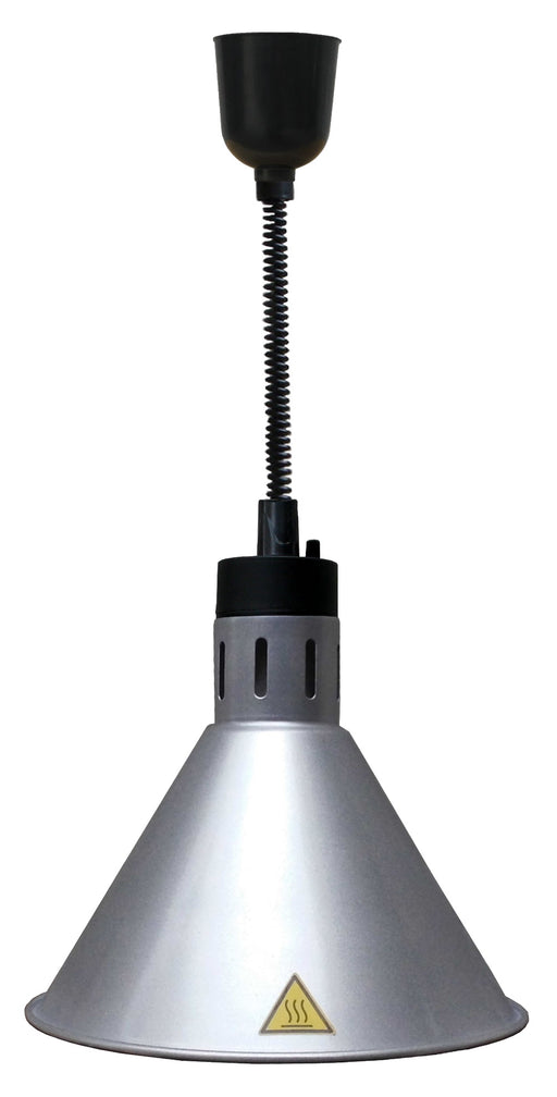 Silver telescopic heat lamp with adjustable height and 270mm diameter reflector