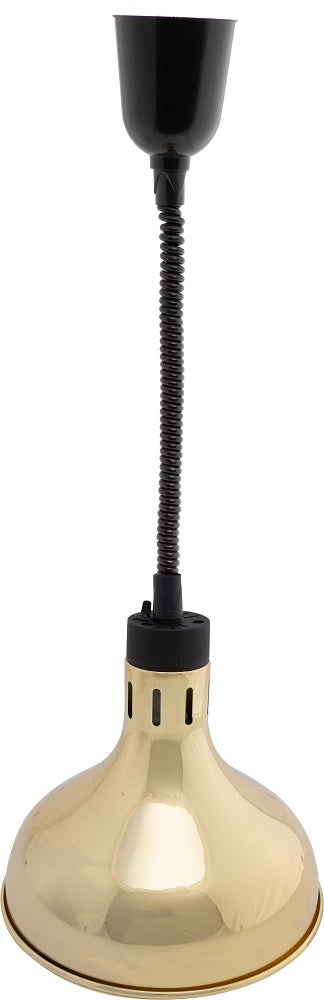 Gold telescopic heat lamp with 290mm diameter shade and adjustable pole