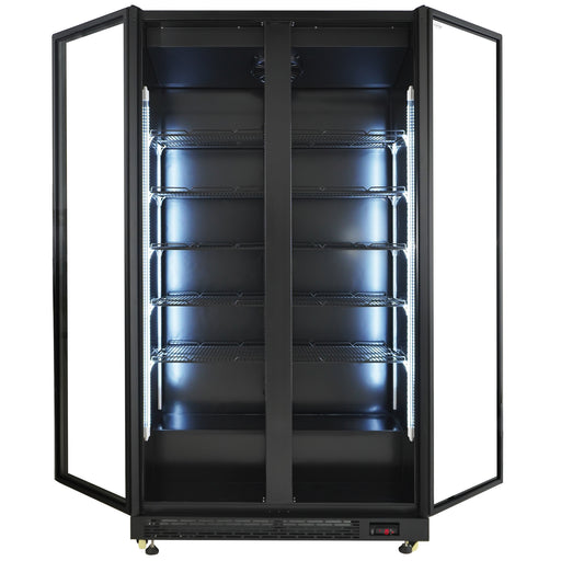 Black upright refrigerator with two glass doors and LED interior lighting view 2