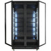 Black upright refrigerator with two glass doors and LED interior lighting view 2