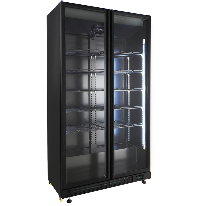 Black upright refrigerator with two glass doors and LED interior lighting