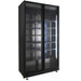 Black upright refrigerator with two glass doors and LED interior lighting