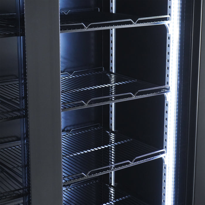 Black upright refrigerator with two glass doors and LED interior lighting view 5