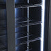 Black upright refrigerator with two glass doors and LED interior lighting view 5