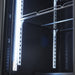 Black upright refrigerator with two glass doors and LED interior lighting view 7