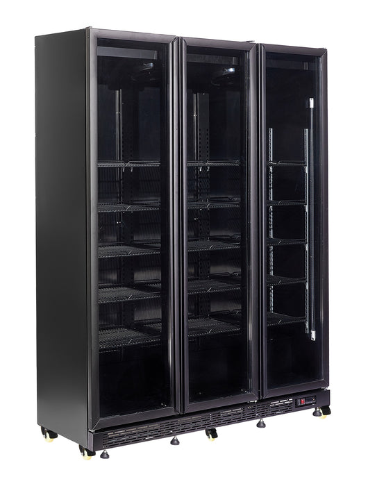 Black freestanding triple glass door display fridge with LED interior lighting