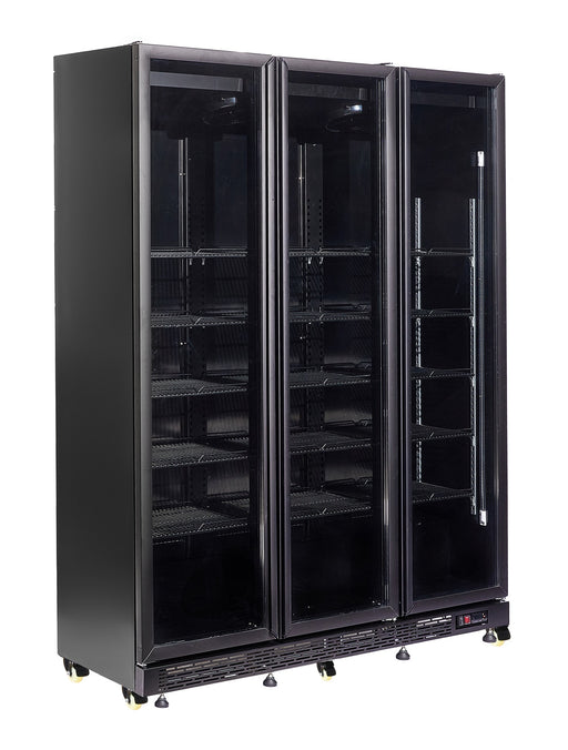 Combisteel NAP-1200 black triple glass door display refrigerator with LED lighting
