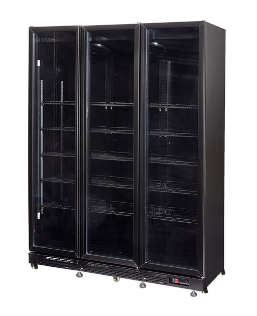 Black freestanding triple glass door display fridge with LED interior lighting view 2