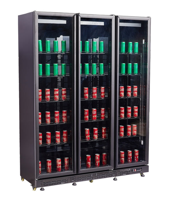 Black freestanding triple glass door display fridge with LED interior lighting view 7