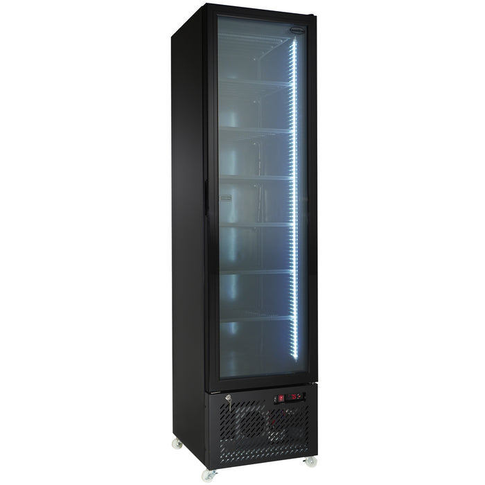 Black upright glass door freezer with LED interior lighting and five wire shelves