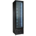 Black upright glass door freezer with LED interior lighting and five wire shelves