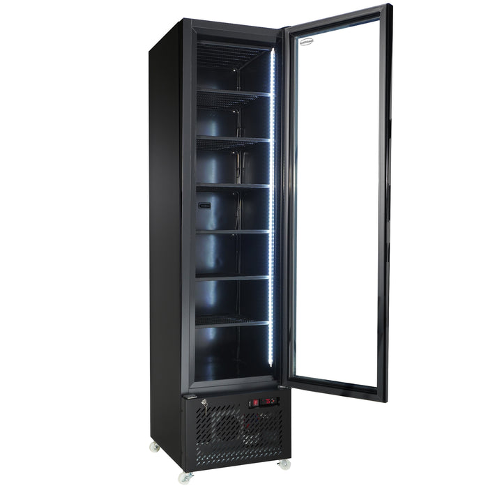 Black upright glass door freezer with LED interior lighting and five wire shelves view 2
