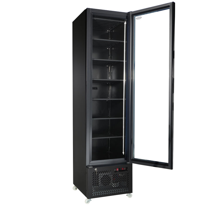Black upright glass door freezer with LED interior lighting and five wire shelves view 3