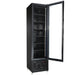 Black upright glass door freezer with LED interior lighting and five wire shelves view 3