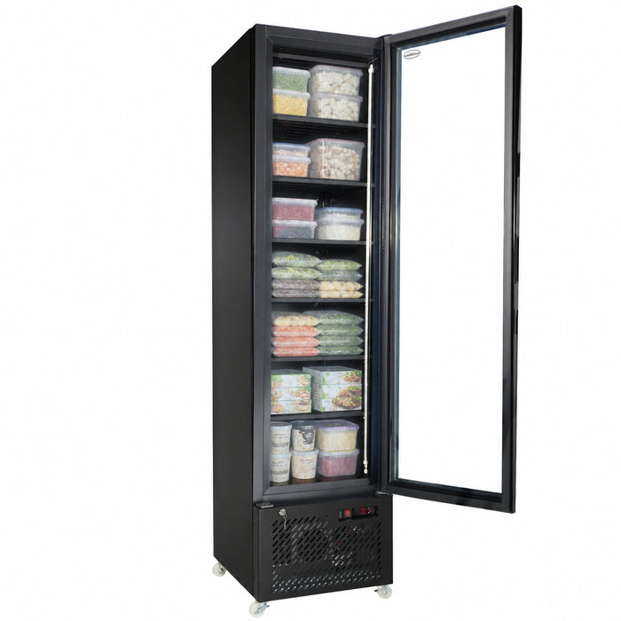Black upright glass door freezer with LED interior lighting and five wire shelves view 4