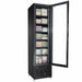 Black upright glass door freezer with LED interior lighting and five wire shelves view 4