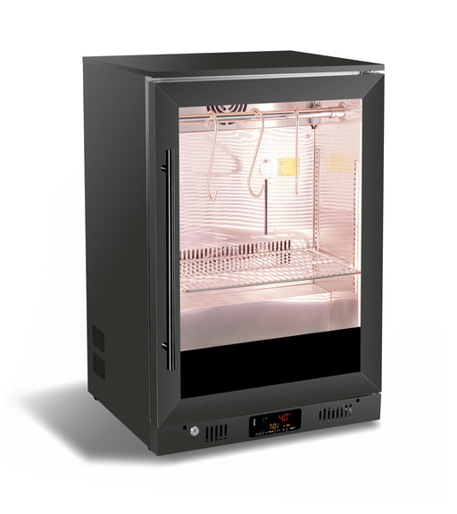 Black stainless steel dry age cabinet with single right-hinged door and digital temperature control display