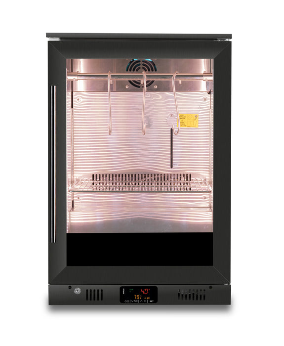 Black stainless steel dry age cabinet with single right-hinged door and digital temperature control display view 2