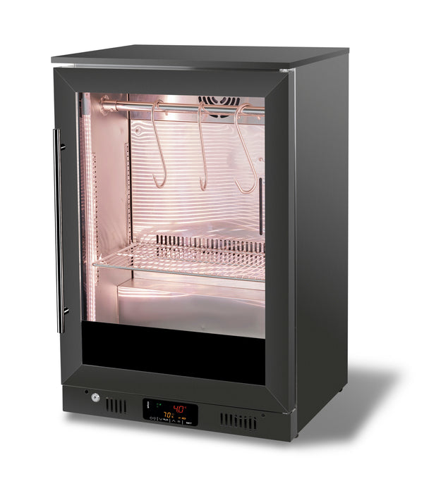Black stainless steel dry age cabinet with single right-hinged door and digital temperature control display view 3