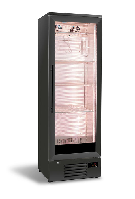 Tall black stainless steel dry age cabinet with single right-hinged door and digital display