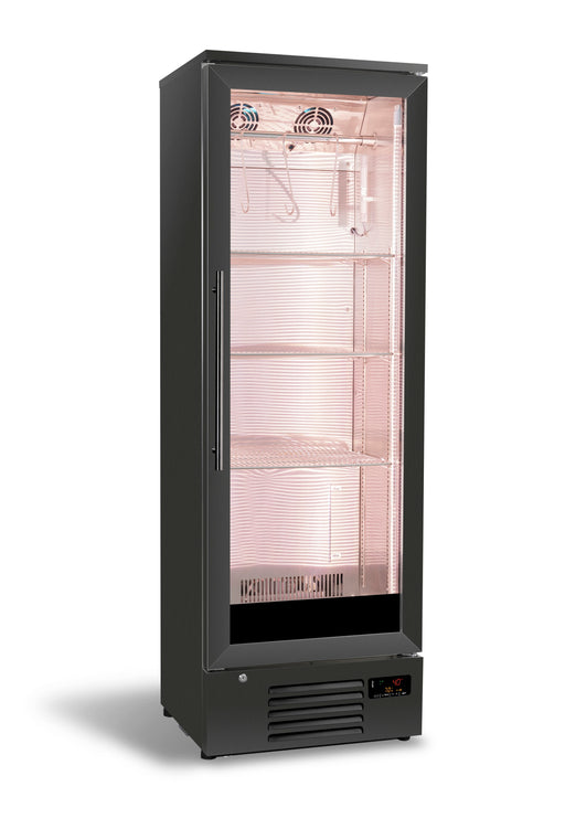 Tall black stainless steel dry age cabinet with single right-hinged door and digital display