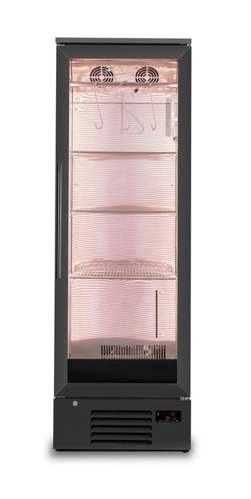 Tall black stainless steel dry age cabinet with single right-hinged door and digital display view 2