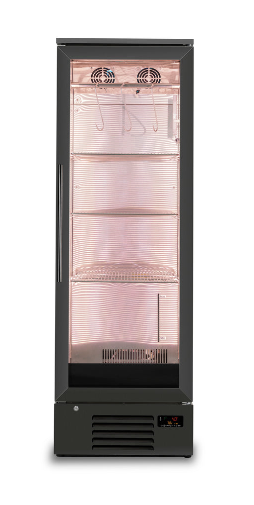 Tall black stainless steel dry age cabinet with single right-hinged door and digital display view 2
