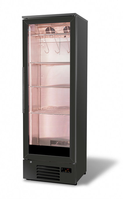 Tall black stainless steel dry age cabinet with single right-hinged door and digital display view 3