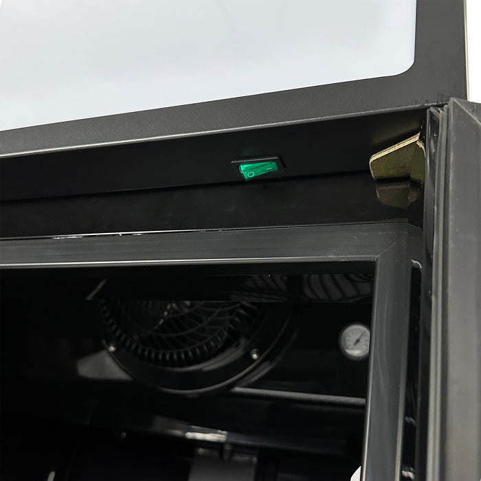 Combisteel FCU-370 black single glass door display fridge side angle