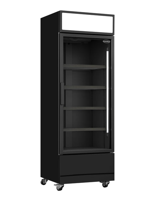 Combisteel FCU-370 black single glass door display fridge, flat canopy, door closed