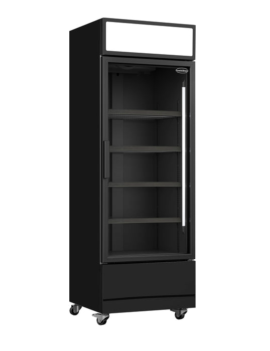 Combisteel FCU-370 black single glass door display fridge, flat canopy, door closed