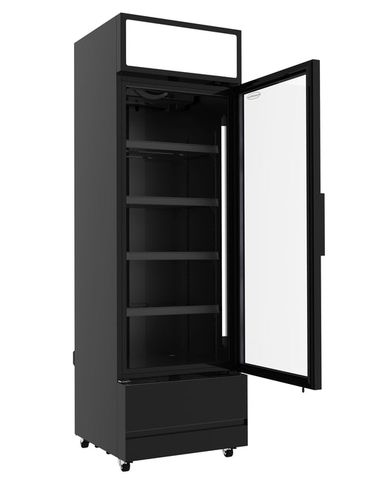 Combisteel FCU-370 black display fridge with the door open showing shelving