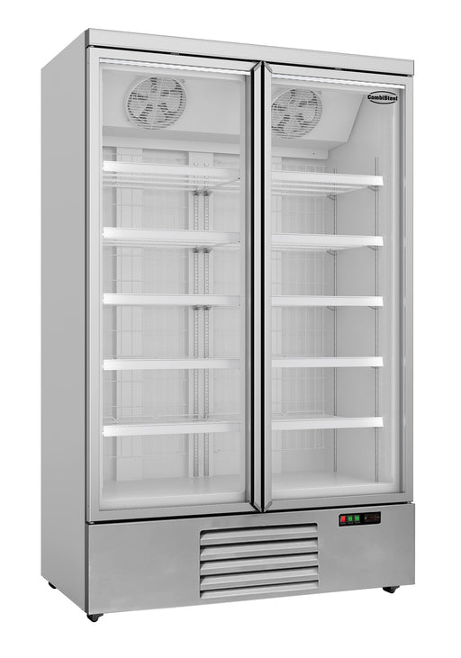 White two-door upright freezer with glass doors and internal shelving