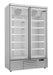 White two-door upright freezer with glass doors and internal shelving
