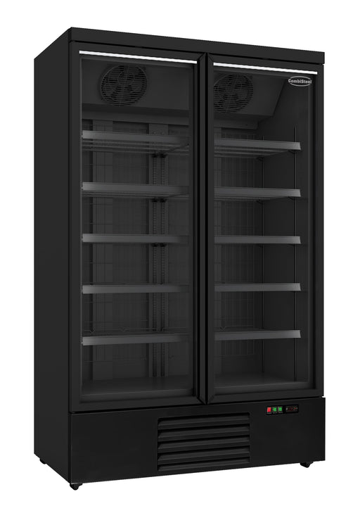 Black freestanding double glass door freezer with LED lighting and mobile castors