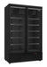 Black freestanding double glass door freezer with LED lighting and mobile castors