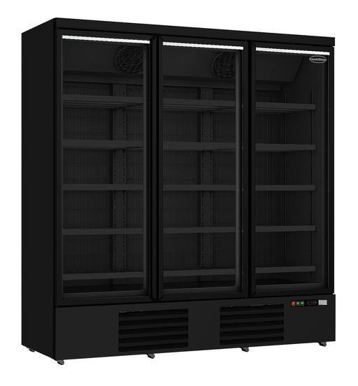 Black three-door commercial display freezer with glass doors and LED interior lighting