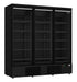 Black three-door commercial display freezer with glass doors and LED interior lighting