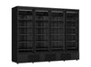 Black four-door glass display freezer with LED interior lighting and digital temperature display