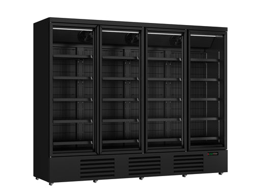 Black four-door glass display freezer with LED interior lighting and digital temperature display