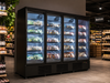 Black four-door glass display freezer with LED interior lighting and digital temperature display view 4