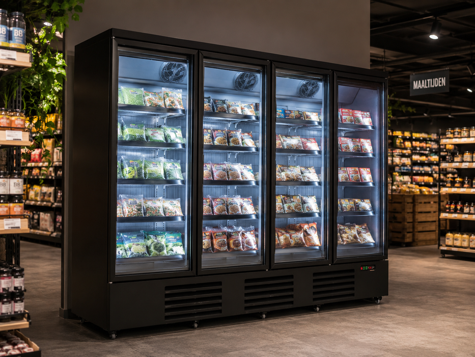 Black four-door glass display freezer with LED interior lighting and digital temperature display view 4