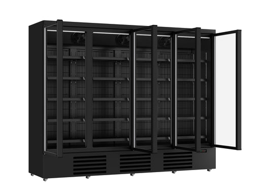 Black four-door glass display freezer with LED interior lighting and digital temperature display view 2