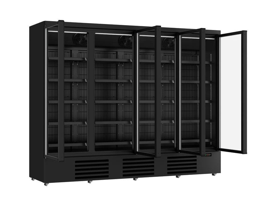 Black four-door glass display freezer with LED interior lighting and digital temperature display view 2