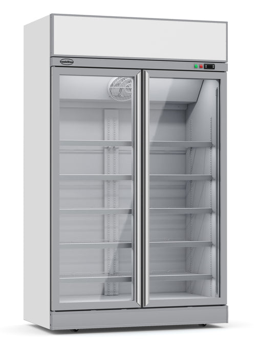 Tall white commercial freezer with two glass doors and LED lighting, on castors