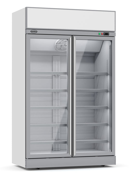 Tall white commercial freezer with two glass doors and LED lighting, on castors