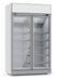 Tall white commercial freezer with two glass doors and LED lighting, on castors