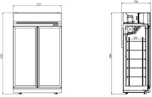 Tall white commercial freezer with two glass doors and LED lighting, on castors view 2