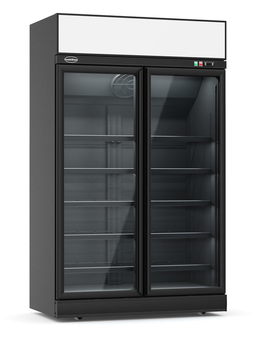 Black upright freezer with two glass doors and LED lighting, 1253mm wide by 2092mm tall.