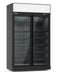 Black upright freezer with two glass doors and LED lighting, 1253mm wide by 2092mm tall.